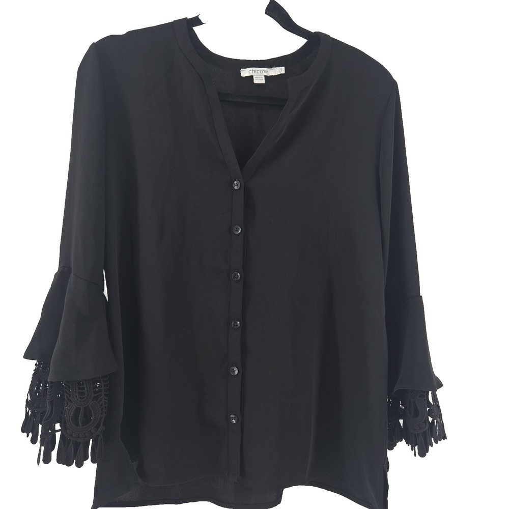 Chico's Size 0.5 (6) Black Chiffon Button Front 3/4 Sleeve Blouse Top
